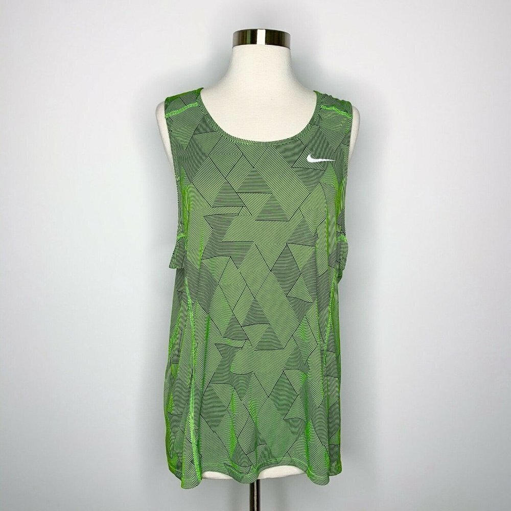 Nike Dri-Fit Tank Women‎ L Neon Green Black Geometric Triangle Scoop Neck Active